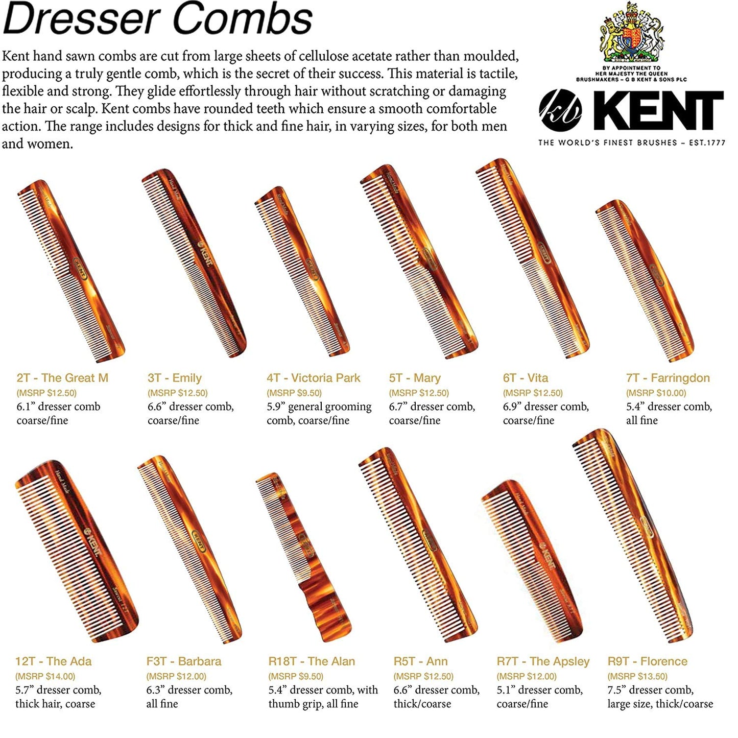 Kent F3T Handmade Dressing Table Comb for Men and Women, All Fine Tooth Hair Comb Straightener for Everyday Grooming Styling Hair, Beard and Mustache, Saw Cut and Hand Polished, Made in England