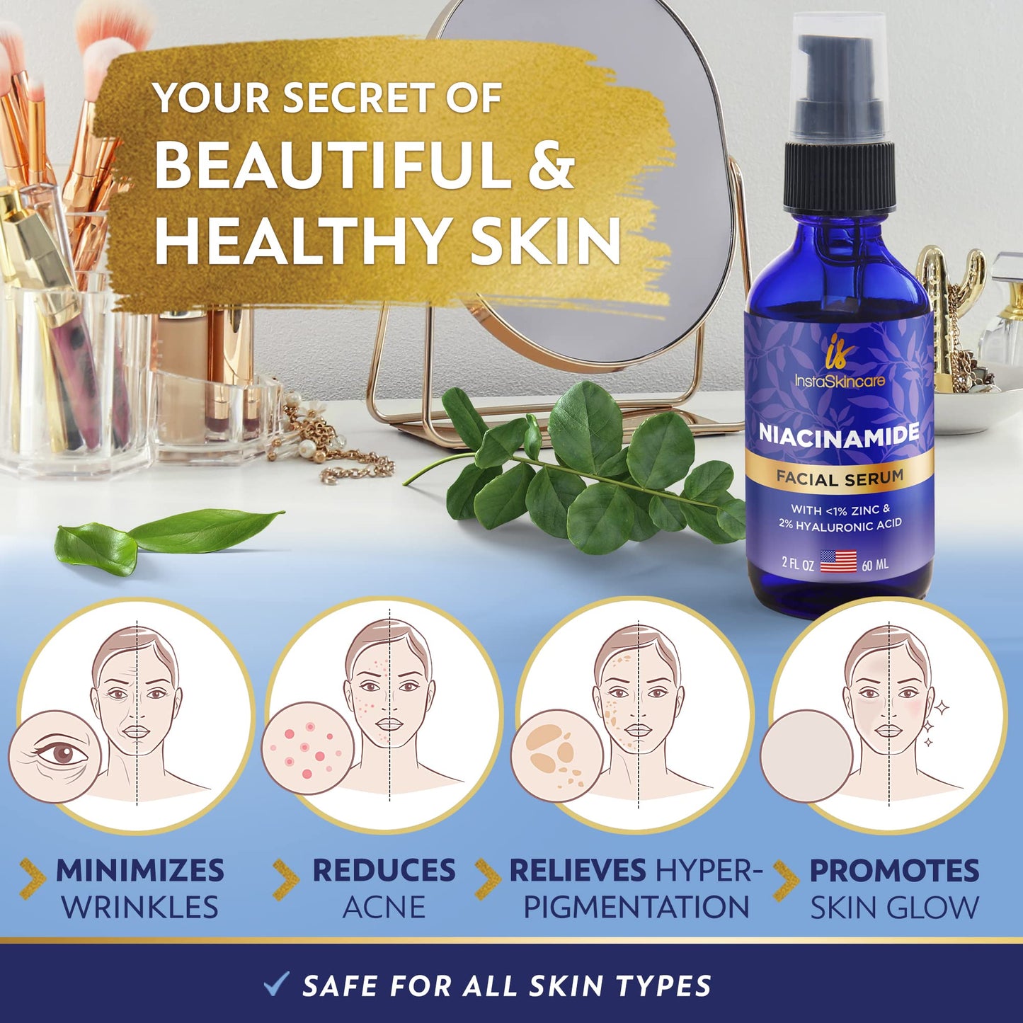 InstaSkincare Anti-Aging Skin Full Bundle - Hyaluronic Acid Serum for Face 2Oz - Niacinamide Facial Serum 2Oz - Vitamin C Serum 2Oz - Retinol Face Serum 2Oz - Collagen Peptides Powder for Women 1Lb