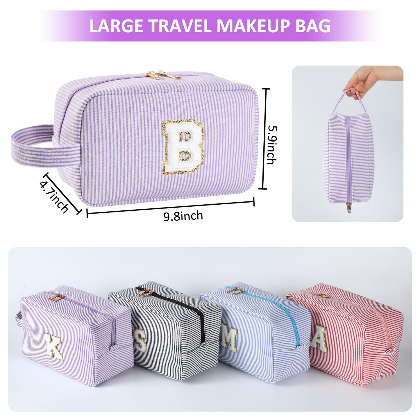 Huifen Personalized Initial Makeup Bag A-Z, Travel Toiletry Bag Cute Makeup Pouch Cosmetic Bag Preppy Make Up Bag Large Makeup Organizer Bags Birthday Gifts for Women Girls Friends (Purple, H)