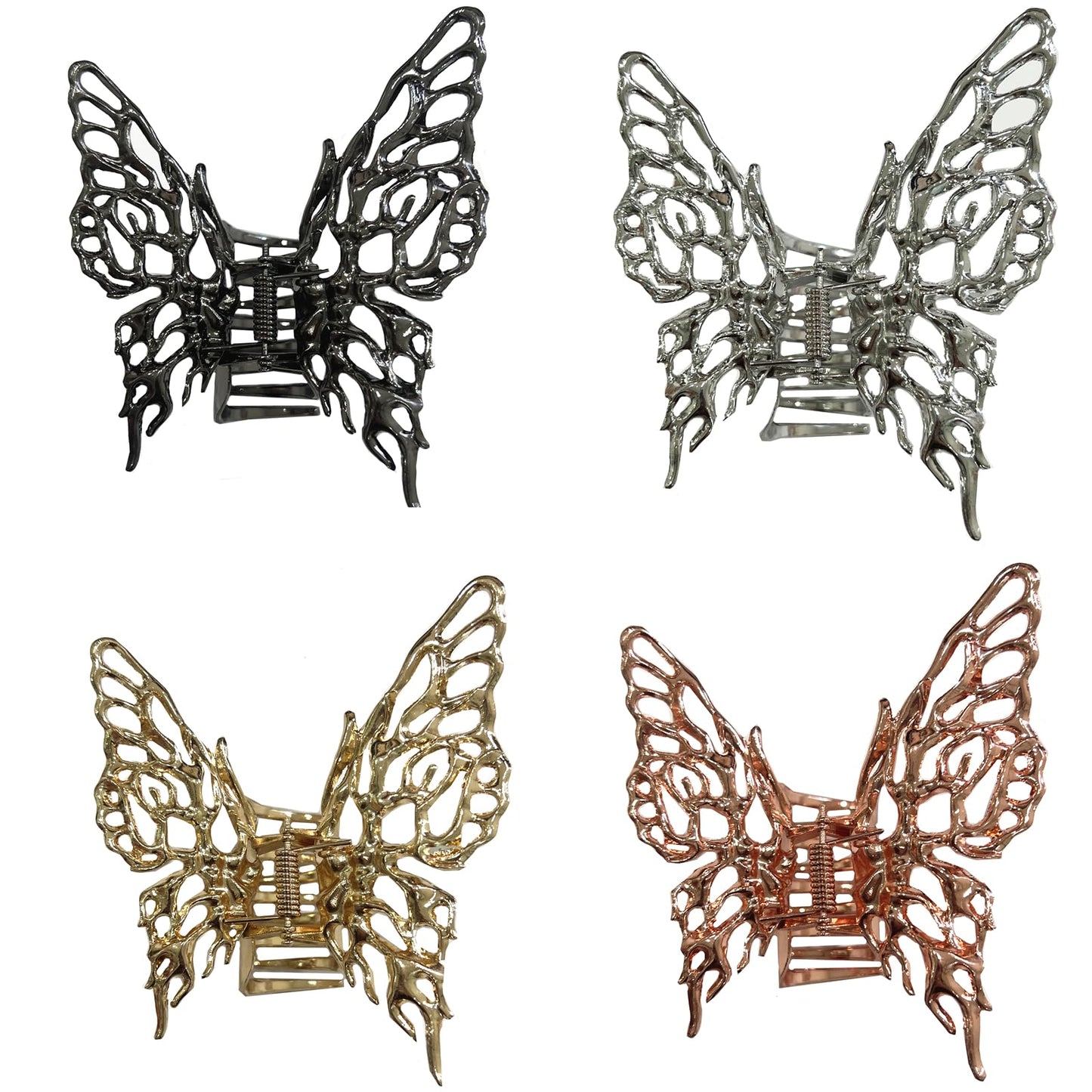 TANG SONG 4 PCS Oversize Hollow Butterfly Shape Metal Hair Claw Clips Hair Catch Barrette Jaw Clamp for Women Half Bun Hairpins for Thin Hair (Silver+Gold+Rose Gold+Black)