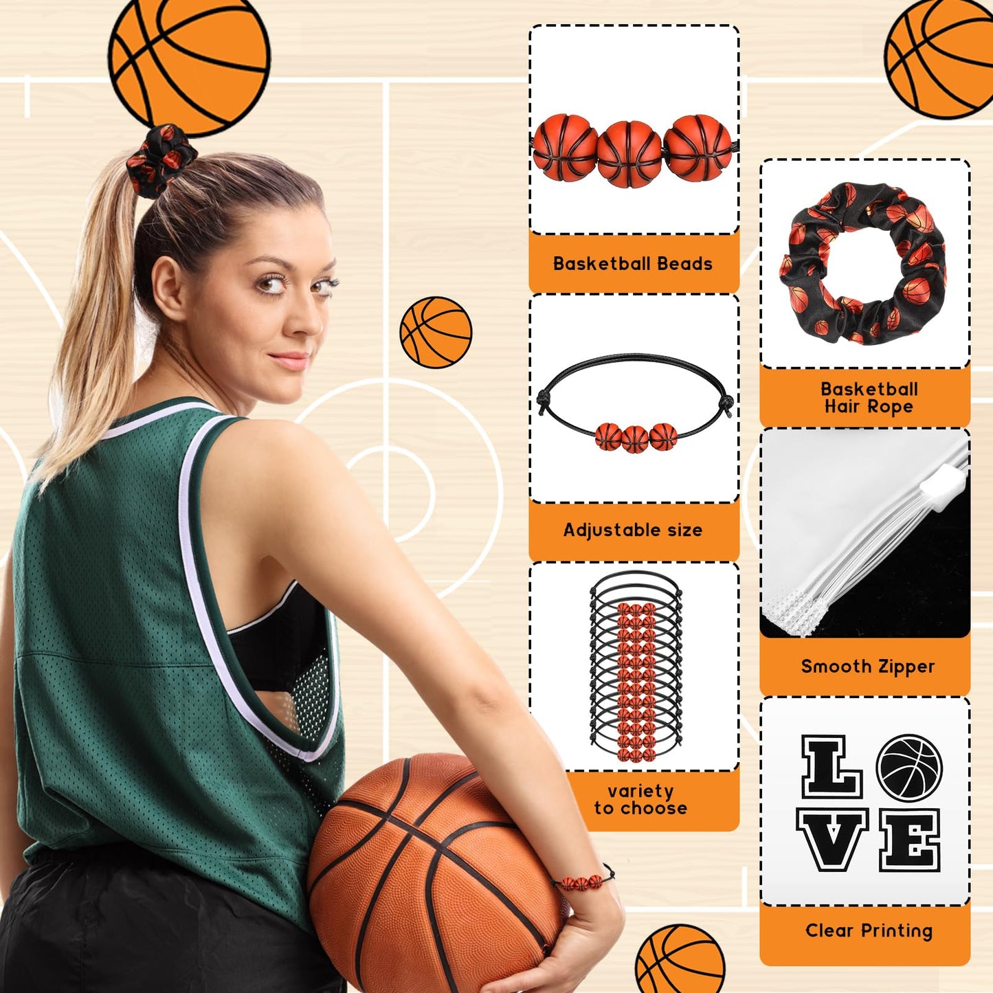 Hicarer 36 Pieces Basketball Team Gifts Set Includes 12 Basketball Charm Bracelets 12 Basketball Pouch Small Portable Travel Makeup Bag 12 Basketball Scrunchies Elastic Hair Ties for Women Men Team