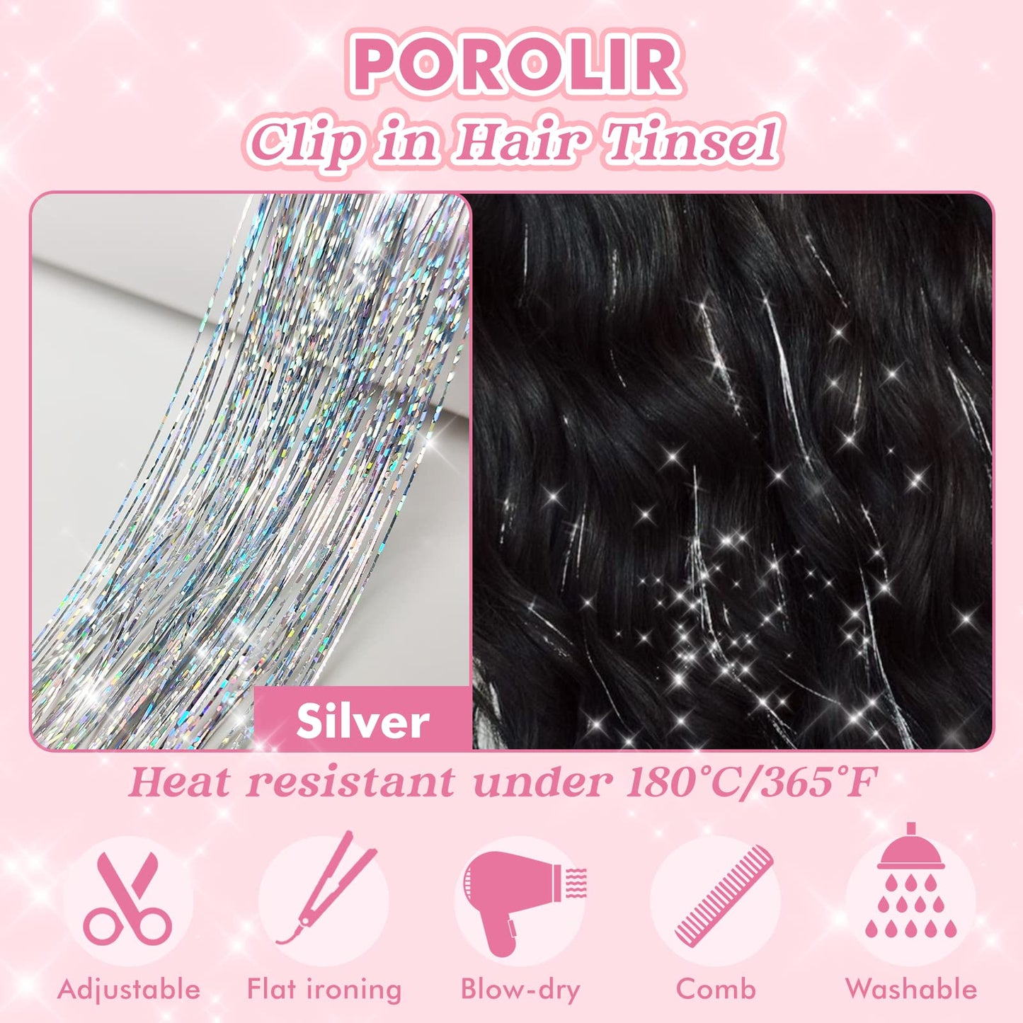 Clip in Hair Tinsel Kit, POROLIR 6Pcs Glitter Fairy Tinsel Hair Extensions 20 Inch Shiny Hair Tinsel Heat Resistant, Sparkly Strands Hair Accessories, Festival Gift for Women Girls Kids (Silver)