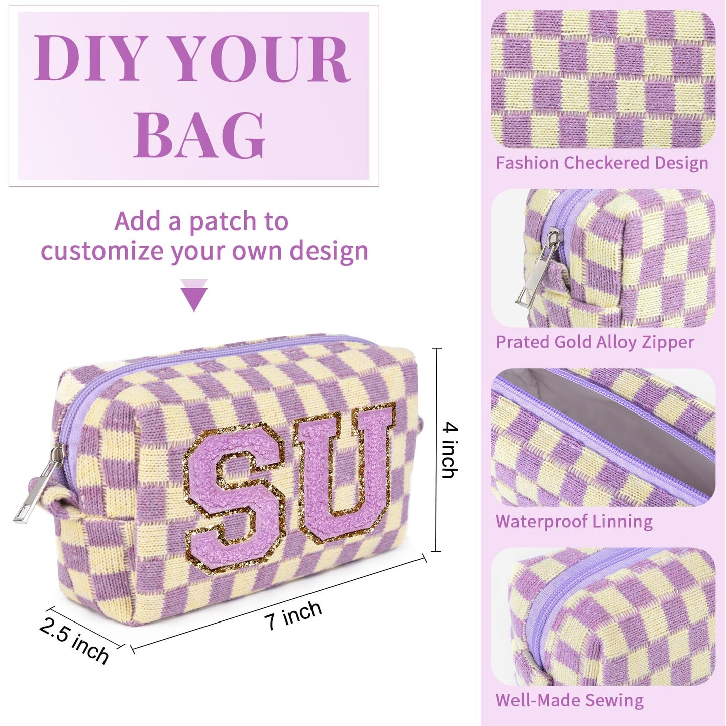 SOIDRAM Checkered Makeup Bag Preppy Cosmetic Bag Bulk Purple Makeup Pouch Personalize Travel Toiletry Bag Organizer Cute DIY Makeup Brushes Storage Bag for Women