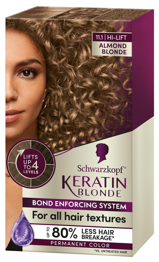 Schwarzkopf Keratin Blonde Hair Dye Almond Blonde 11.1, Hi-Lift Permanent Color, 1 Application - Hair Color Enriched with Keratin, Lightens up to 4 Levels and Protects Hair from Breakage*