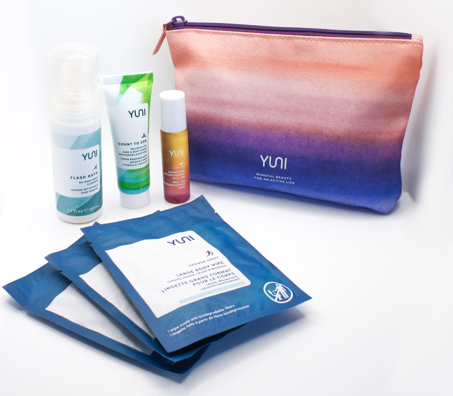 YUNI Beauty Natural Travel Essentials Kit (7pc kit) Beauty On the Run Travel Size Body Care Kit - Cleanse, Refresh, Hydrate - Save Time - All Natural, Paraben-Free, Cruelty-Free