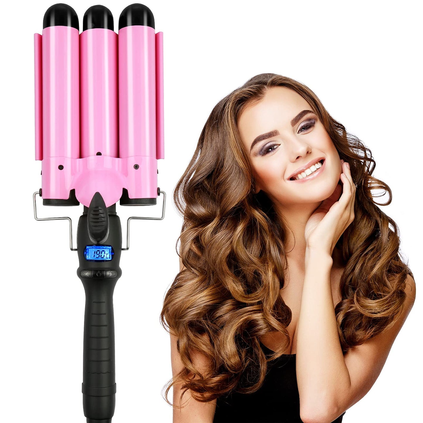 Professional Hair Waver 3 Barrel Curling Iron 32mm Fast Heating Hair Crimper Iron Triple Hair Curler with LCD Display Temperature Adjustable Ceramic Beach Hair Waver Wand for Beachy (1.26Inch (32mm))