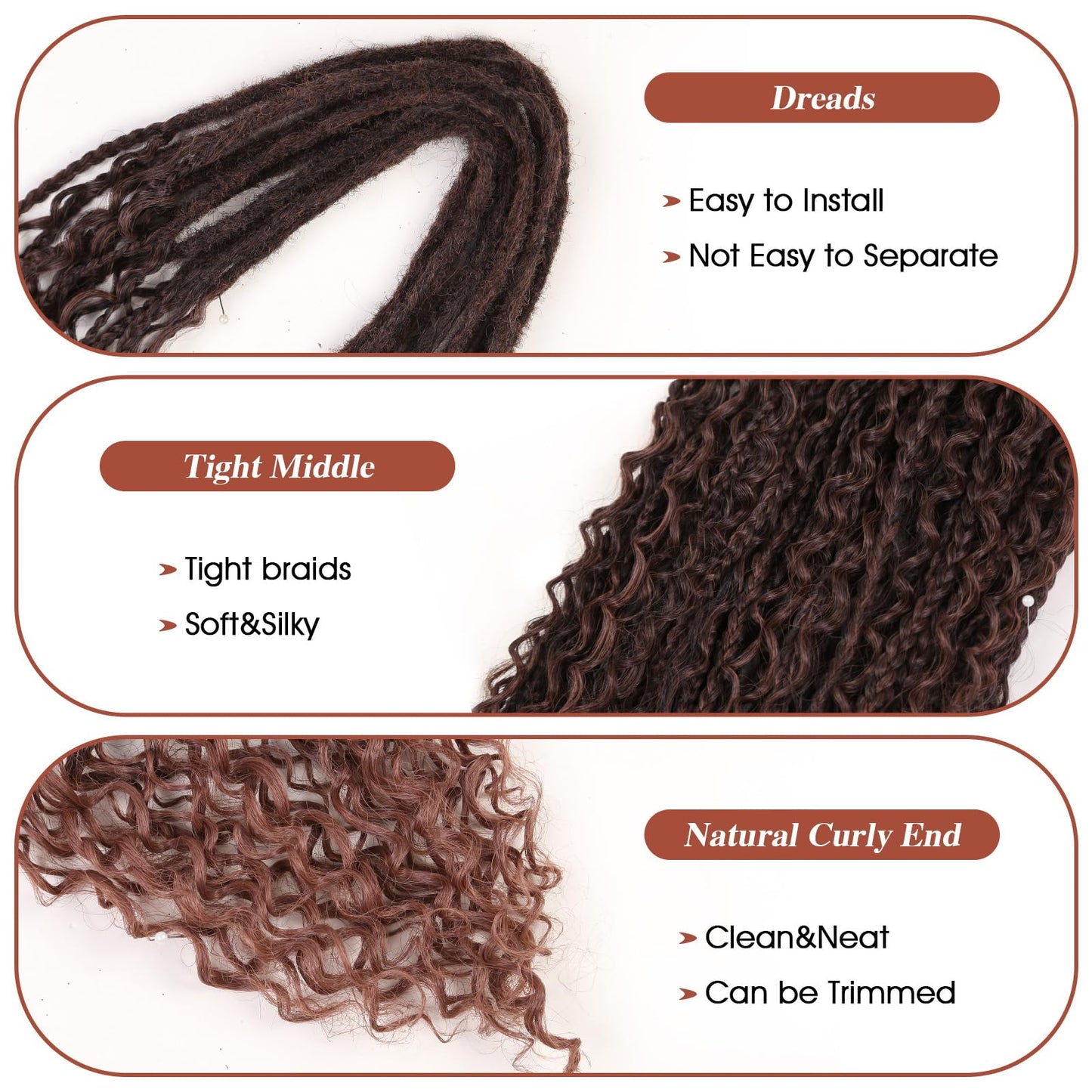 HANNE Double Ended Dreadlock Extensions Soft Boho Box Braids 24 Inch Crochet Synthetic Dreadlock Extensions with Curly End Dreads Extensions for Women Brown to Honey Brown (10 Strands/Pack MT1/30)