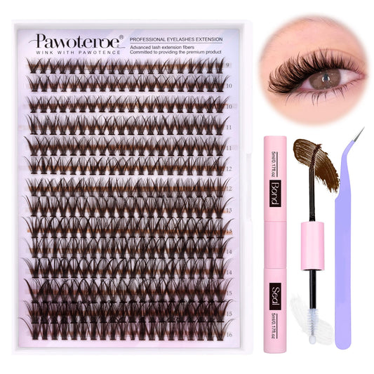 Pawotence Lash Extension Kit DIY 280pcs Brown Lash Clusters Eyelash Extension Kit 40D Curl 9-16mm Individual Lashes Kit with Lash Bond and Seal Lash Tweezers for Self Use (BROWN-40D-9-16MIX KIT)