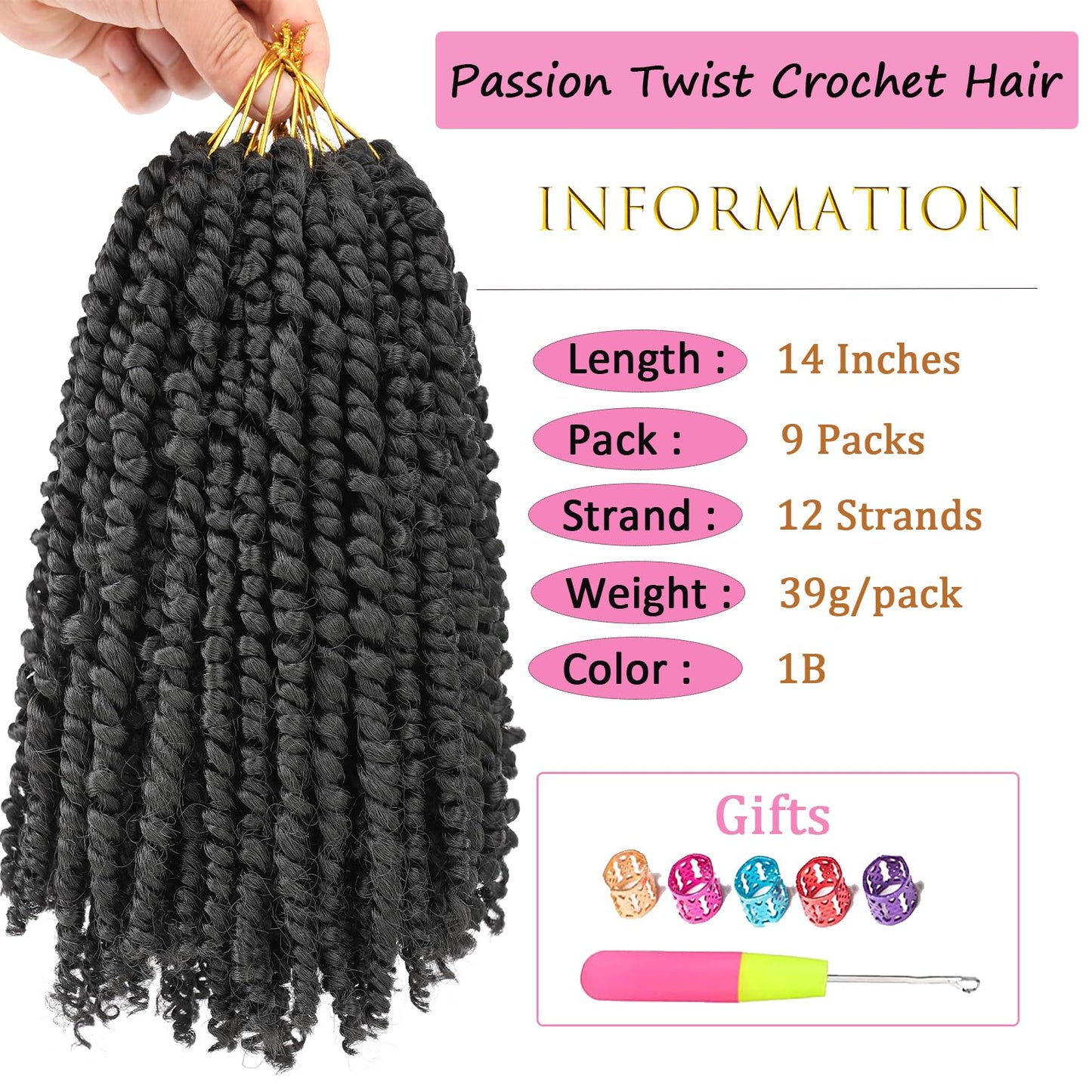 9 Packs Passion Twist Hair 14 Inch Pre Looped Crochet Passion Twist Hair Nature Passion Twist Crochet Hair Pre-twisted Bohemian Passion Twist Braiding Synthetic Hair for Kids and Girls (14 Inch,1B)