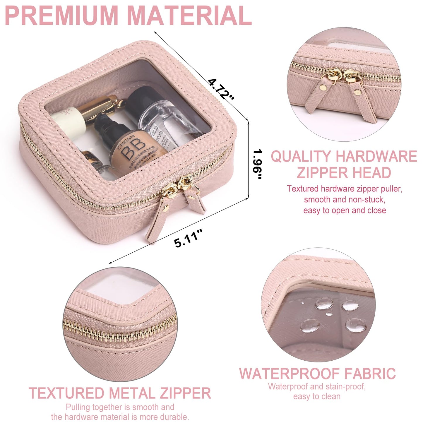 Pinkmik Clear Makeup Bag Transparent Travel Case for Cosmetics and Toiletries Women's Brush Bag and Clear Car Bag with Zipper (F/Pink, M+MINI)