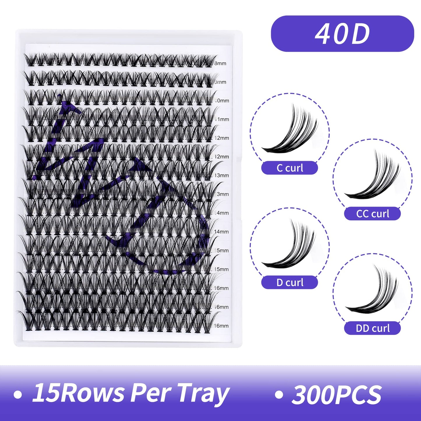 Lash Clusters Lashes Individual 300PCS C/D Curl Eyelash Extensions 0.07mm Thickness Individual Lashes Fluffy and Soft Volume Lashes Matt Dark Lashes Extension 8-16mm Mixed Length Beginner Use Cluster Lashes(300PCS-40D-0.07D,8-16mm Mixed Tray)