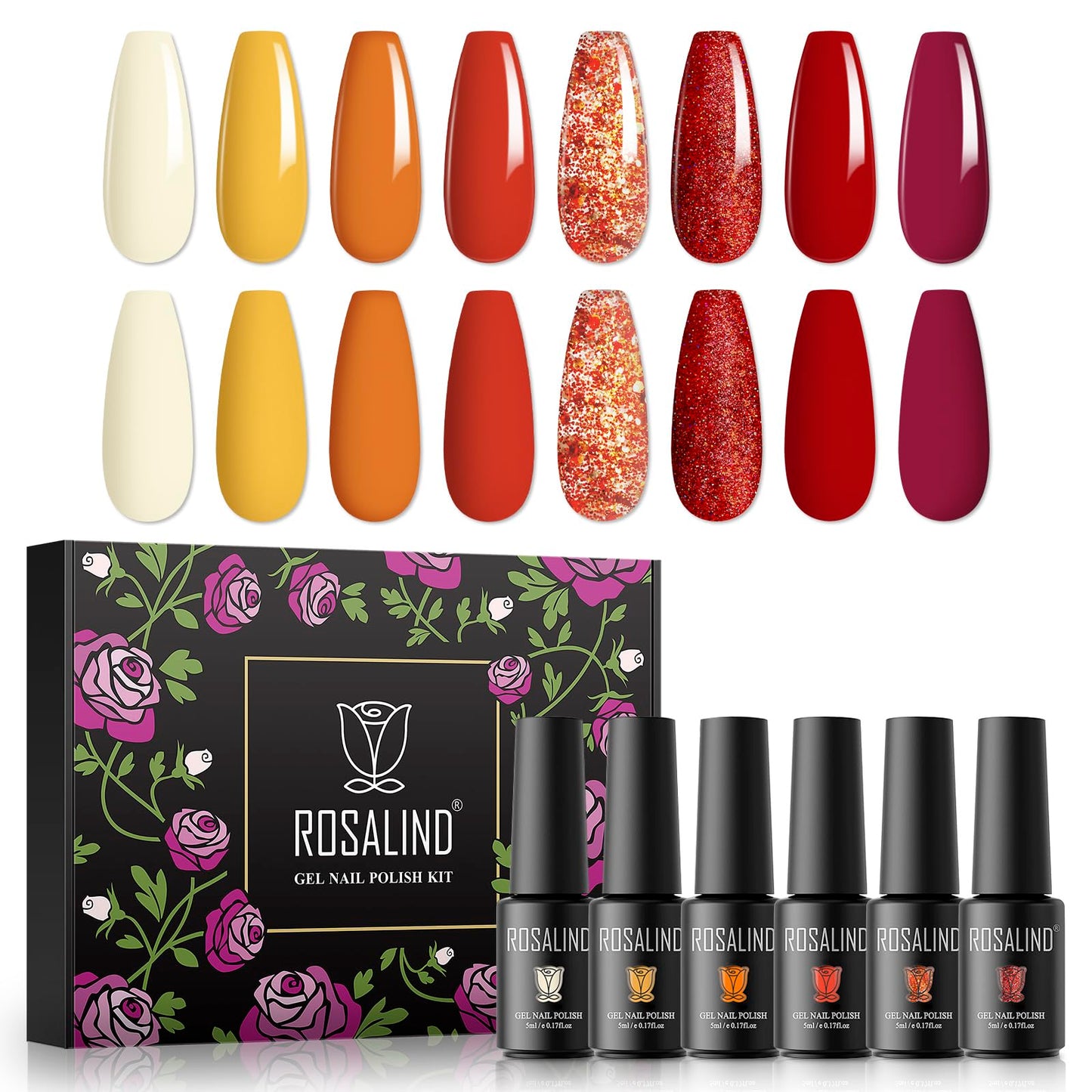 ROSALIND White Gel Polish Set, 8PCS Orange Red Glitter Gel Nail Polish Orange Red Gel Polish Soak off All Seasons Gel Collection Pumpkin Color Home Manicure Kit Halloween Gifts for Women