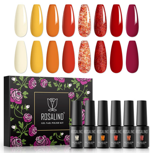 ROSALIND White Gel Polish Set, 8PCS Orange Red Glitter Gel Nail Polish Orange Red Gel Polish Soak off All Seasons Gel Collection Pumpkin Color Home Manicure Kit Halloween Gifts for Women