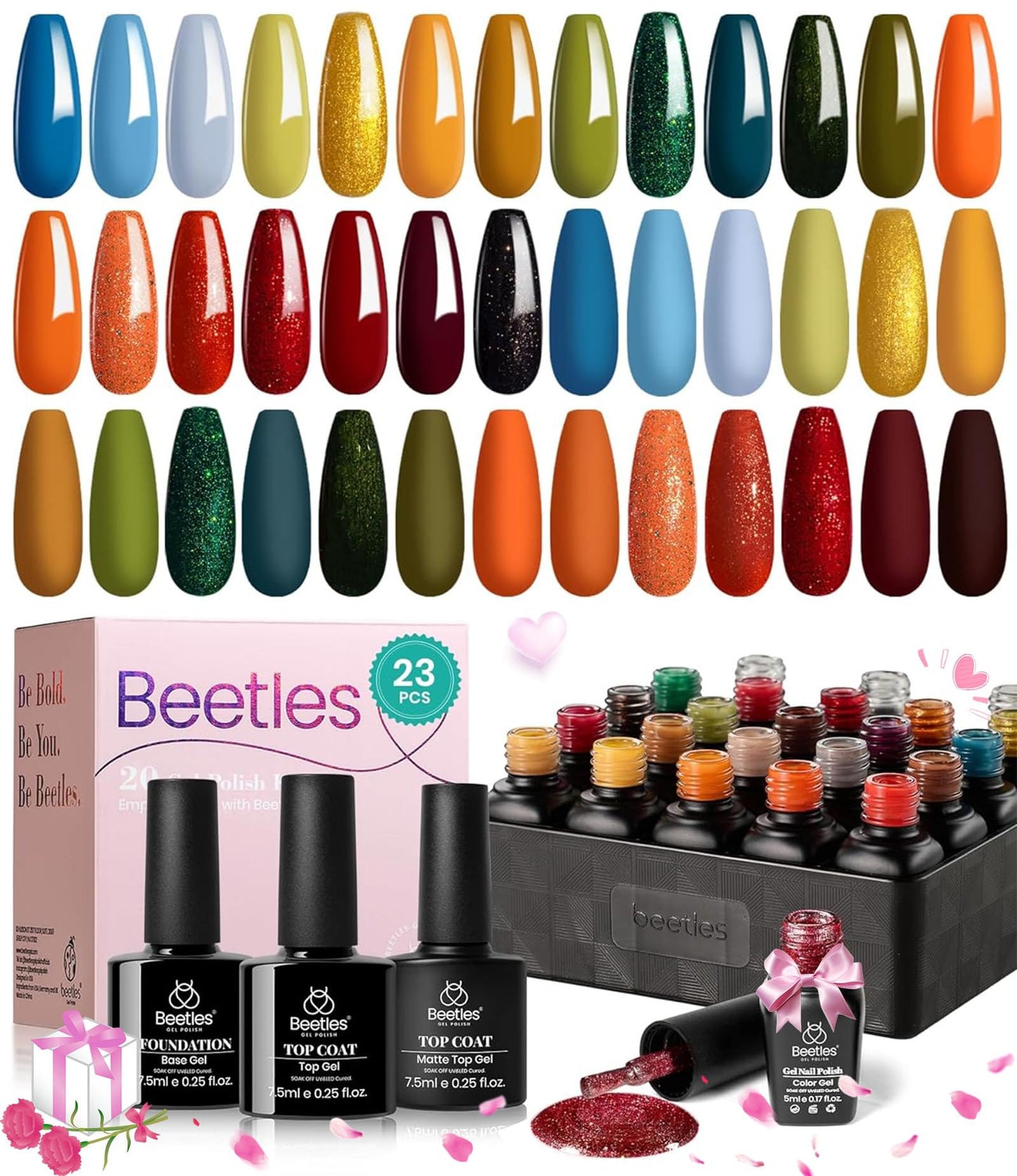 Beetles 20 Colors Gel Nail Polish Kit, Nail Gel Polish Red Yellow Orange Green Gel Polish Set with Glossy & Matte Gel Top Base Coat Soak Off Uv Gel Nail Lamp Gift for Women Gifts for Women