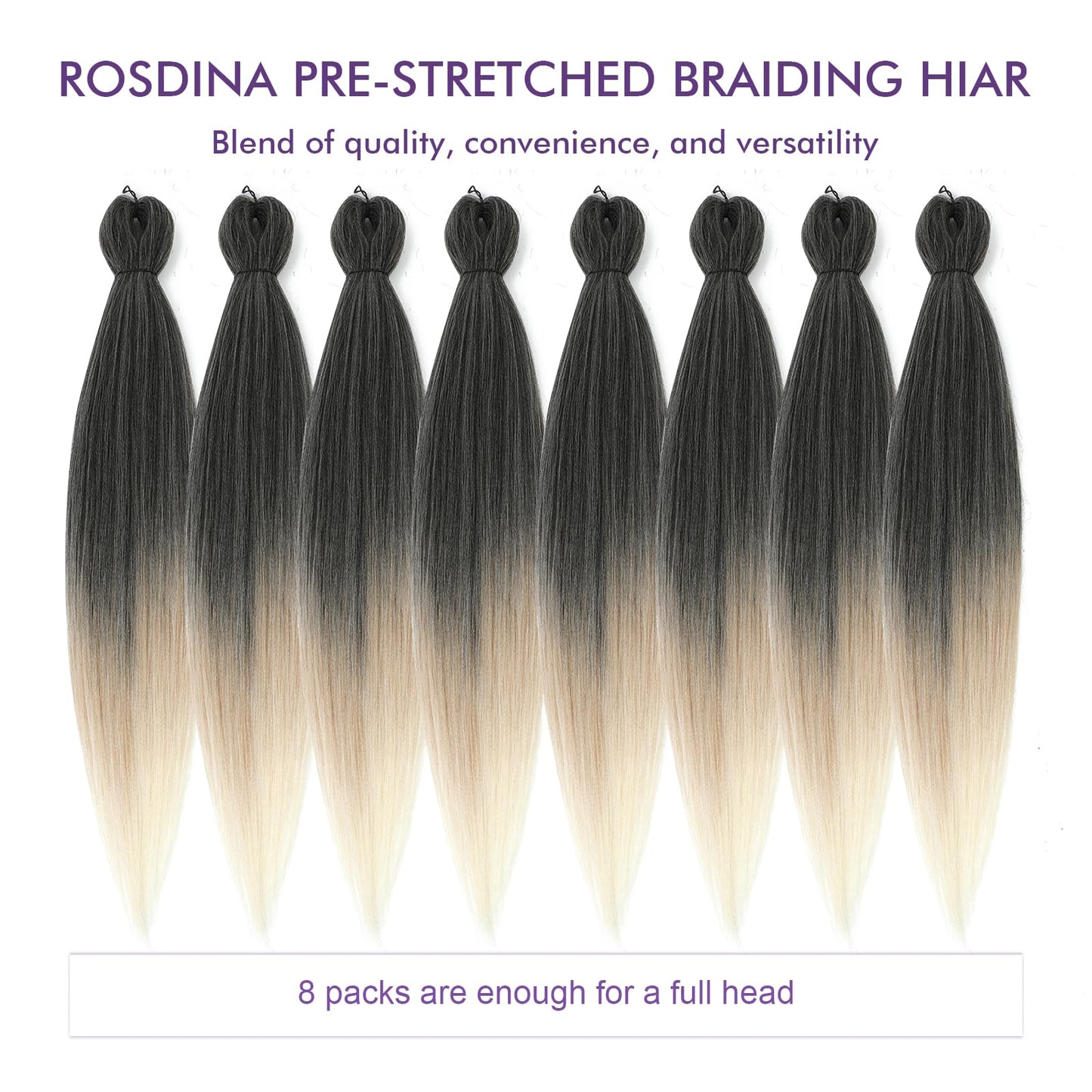 ROSDINA Pre-stretched Braiding Hair - 30 Inch 8 Packs Ombre Blonde 3 Tones Hair For Twist or Box Braids, Yaki Texture Hot Water Setting Synthetic Braiding Hair Extensions (30 Inch, 1B/27/613-8P)