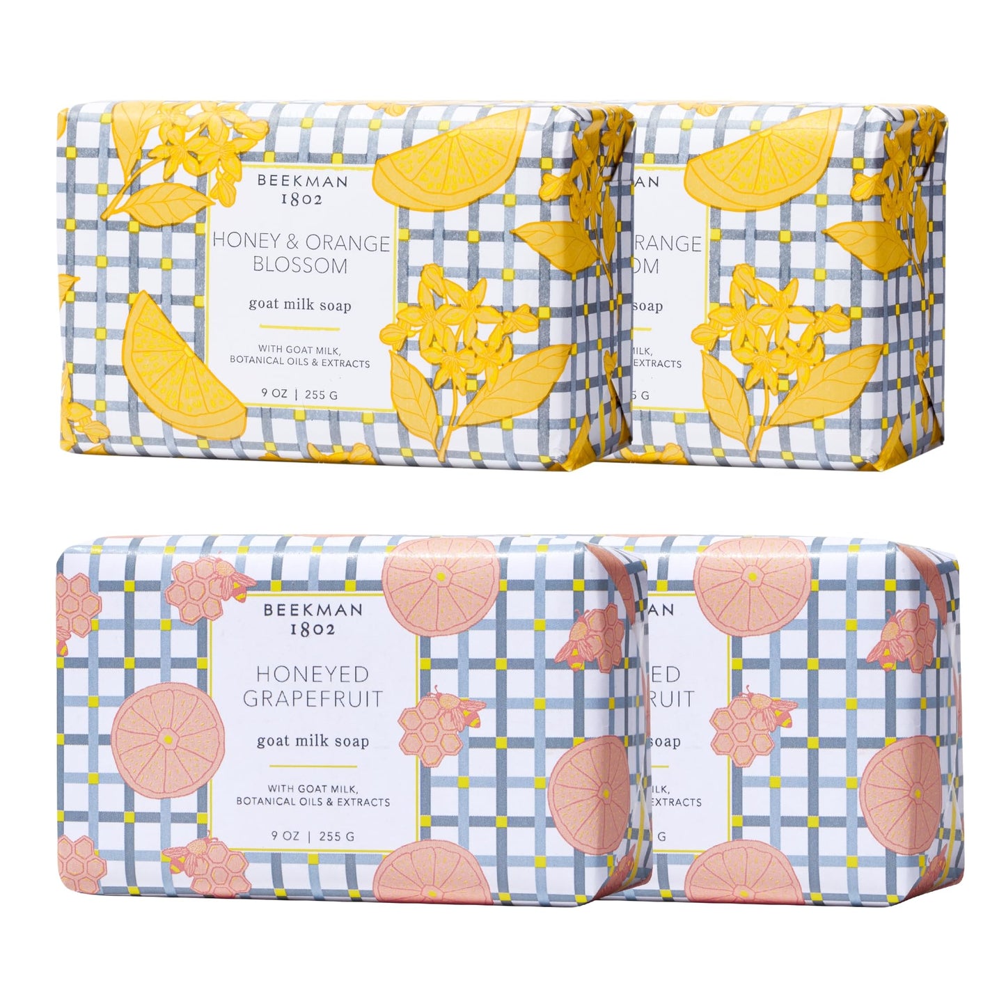 Beekman 1802 Goat Milk Body Soap Bar, Honey & Orange Blossom (Pack of 2) + Honeyed Grapefruit (Pack of 2) - Scented - 100% Vegetable Soap with Lactic Acid - Good for Sensitive Skin - Cruelty Free