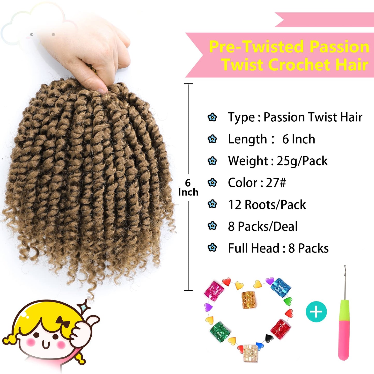 Fulcrum Passion Twist Hair 6 Inch, 8 Packs Passion Twist Crochet Hair for Black Women, Prelooped Crochet Twist Hair with Curly Ends (6Inch, 27#)