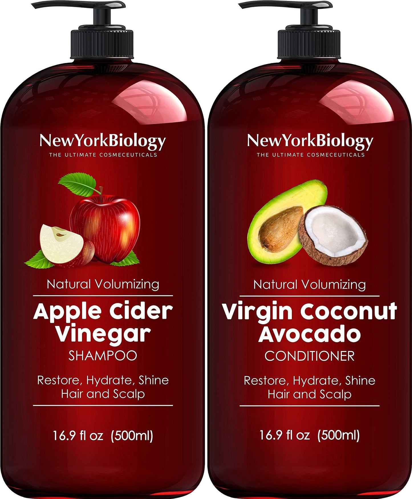 New York Biology Biotin Shampoo and Conditioner with Apple Cider Vinegar, Coconut Avocado Oil, and Moroccan Argan Oil - 16.9 fl oz