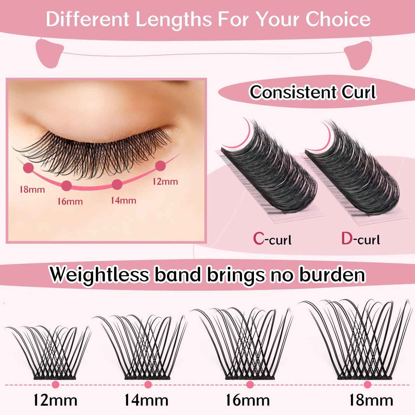 Cluster Lashes, 72 Pcs Individual Lashes, Lash Clusters DIY Eyelash Extension, Natural Lashes Super Thin Band Reusable Soft & Comfortable (Natural-D-12-18 mix)