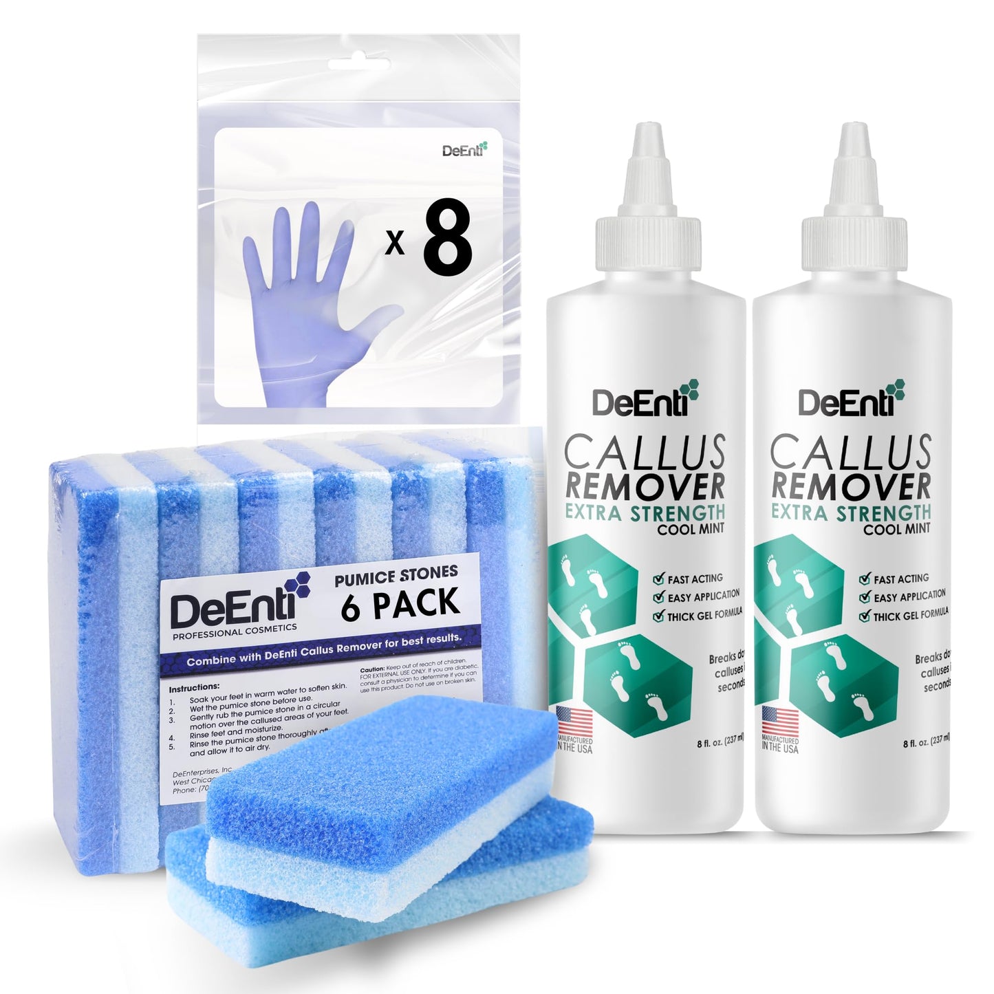 DeEnti Six Pack Bundle, Bundle Includes 2 Bottles of Mint Scented Callus Remover, 6 Pumice Stones for Feet, and 8 Pairs of Gloves, Salon Grade Foot Care, Home Manicure and Pedicure Kit