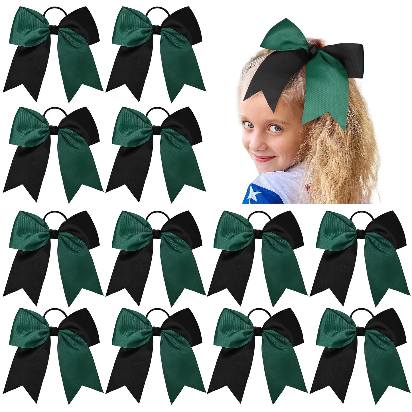 12 PCS 8" Large Cheer Bows Black Green Girl Hair Bows Cheerleading Softball Bow Hair Ties Hair Accessories for cheerleaders football Competition Sports