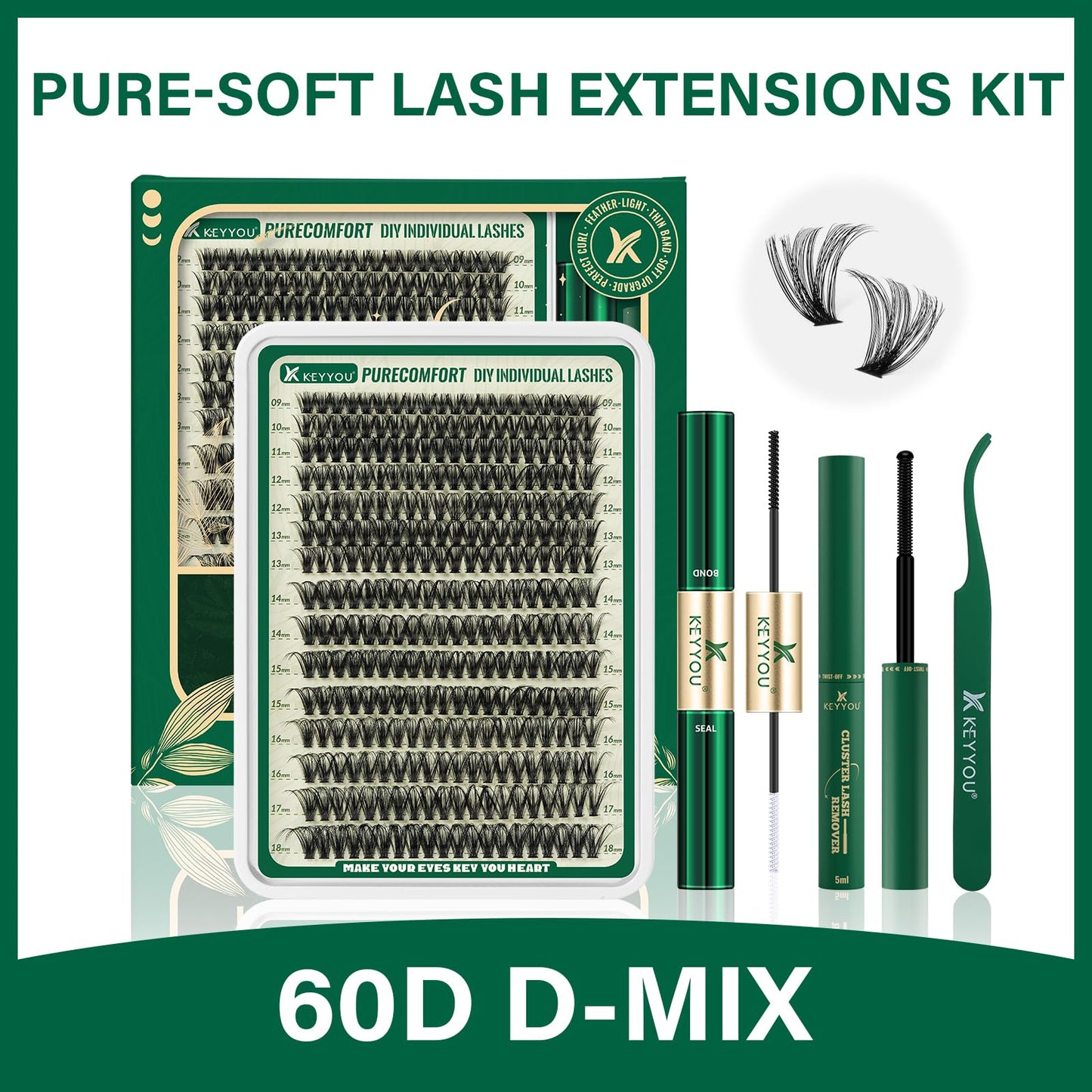 KEYYOU DIY Lash Extension Kit 300pcs Soft Lash Clusters 60D D Curl Easy to Apply with Lash Bond and Seal Lash Applicator Lash Remover Eyelash Extension Kit at Home(RMkit-60D-D-9-18mix)