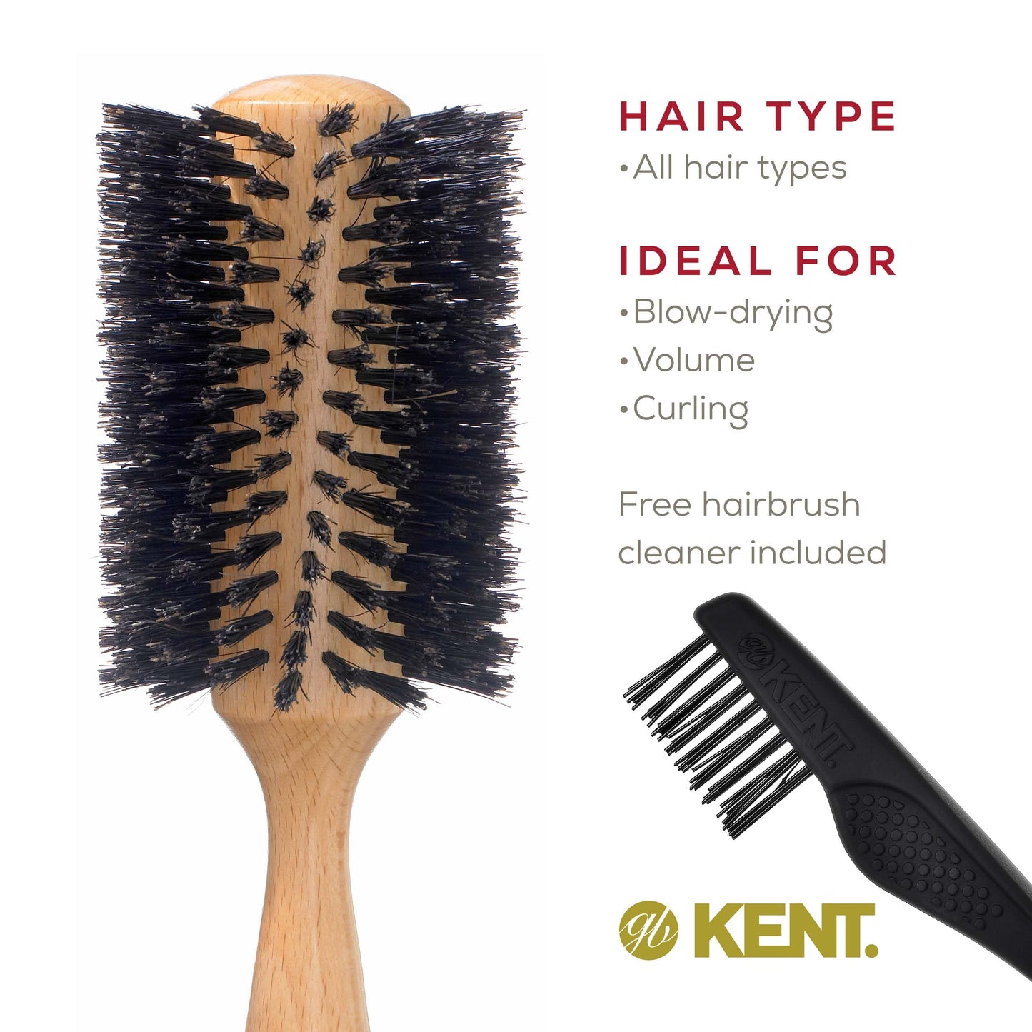 KENT LBR3 Finest Hair Brushes for Women Blow Dry Brush Made of Beechwood - Spiral Radial Boar Bristle Hairbrush for Long and Thick Hair - Royal Salon Style Straightening Pure Wood Brush from