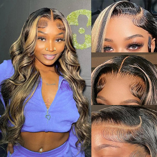 WRLYYEO Ombre Lace Front Wig Human Hair Pre Plucked 1B/27 Highlight Lace Front Wig Human Hair with Baby Hair 180 Density 13x4 Body Wave Colored Lace Front Wigs Human Hair Glueless Wigs 18 Inch