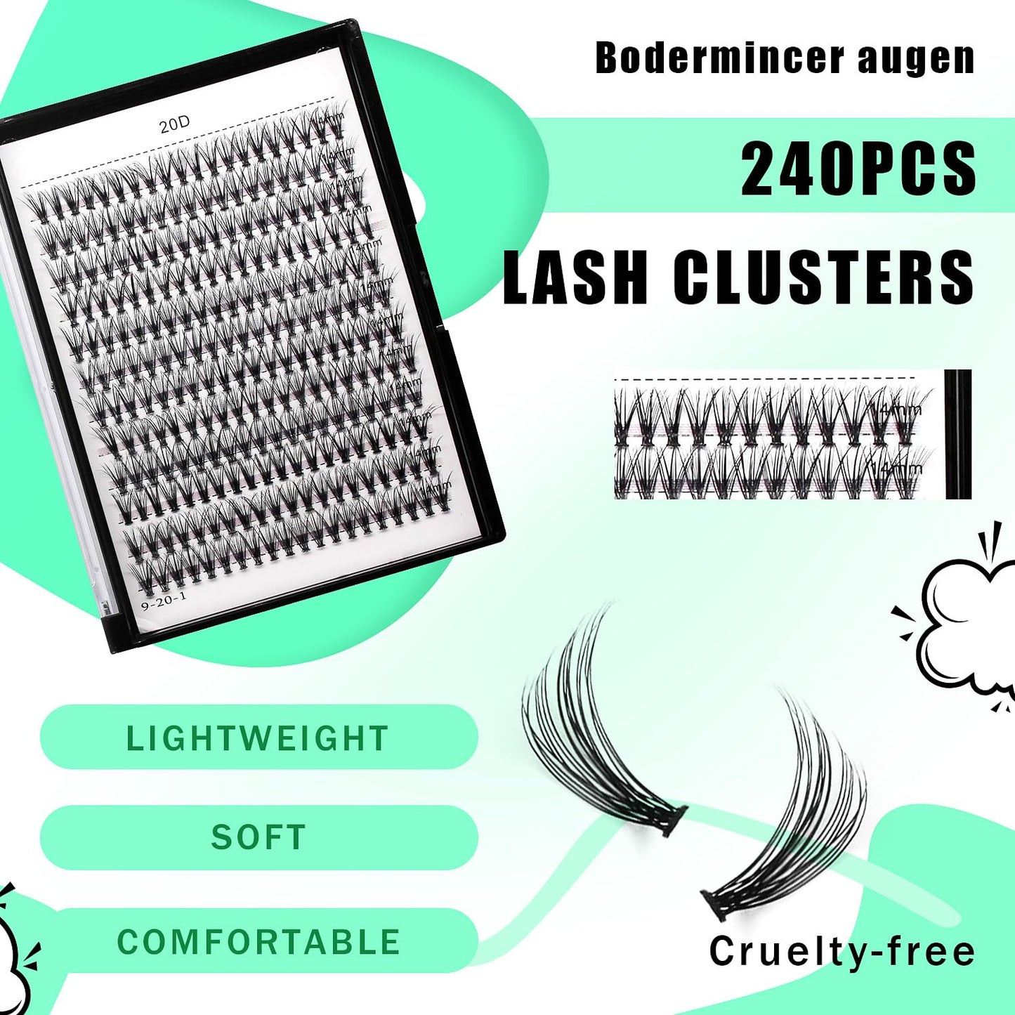 Bodermincer Black Cluster Lashes 240pcs 20D/40D DIY Eyelash Extension D Curl Long Individual Lashes Mixed Tray Faux Mink Lash Clusters Extensions 8-22mm (20D-16mm)