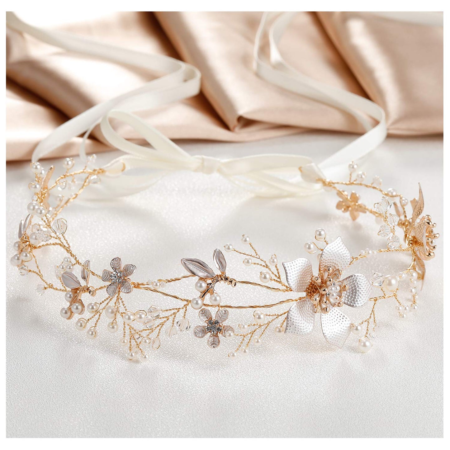 SWEETV Gold Wedding Headband, Pearl Flower Bridal Headpieces for Wedding, Crystal Hair Accessories for Women Girls Hair Vine