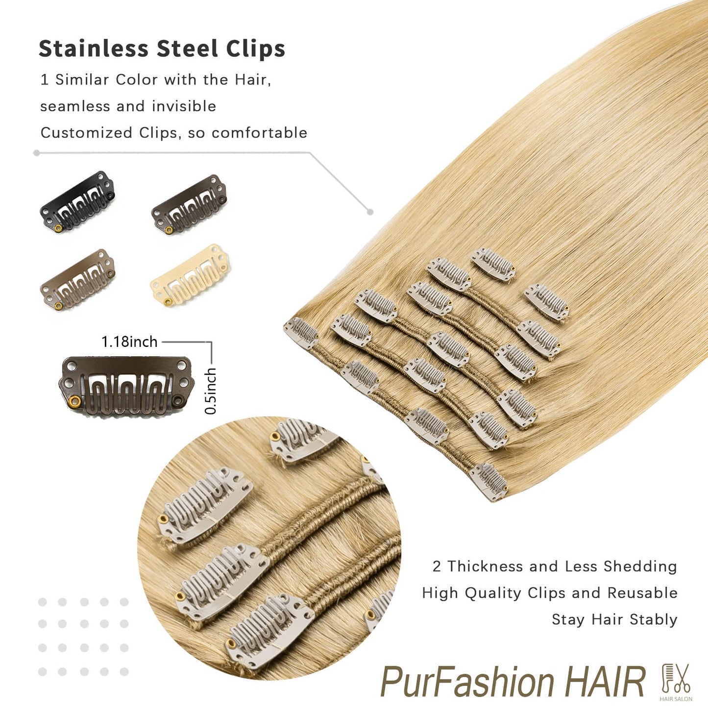 PurFashion Clip in Hair Extensions Human Hair, Color 613 Bleach Blonde Soft Hair Extensions, 70g/package 100% Real Remy Human Hair