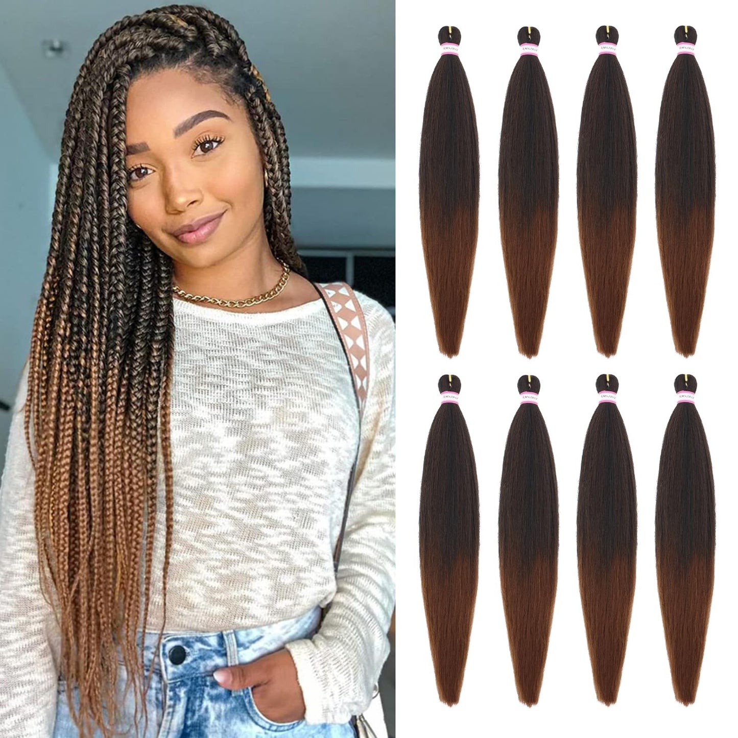 Pre Stretched Braiding Hair Extension Ombre Natural Black Brown Color 28 Inch Long Pre-stretched Hair for Braiding Twist Braids Itch Free Hot Water Setting Yaki Straight Synthetic Hair (#1B/30)