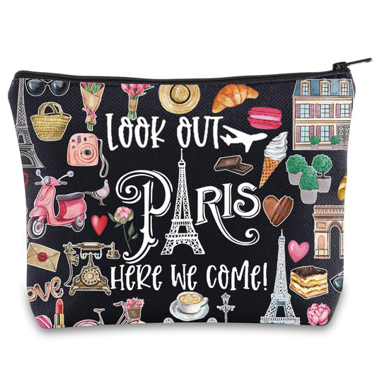 JNIAP Paris Themed Makeup Bag Paris Trip Gifts Paris Travel Bag Paris Toiletry Bag Paris Zipper Pouch Paris Makeup Pouch (look out paris black mb)