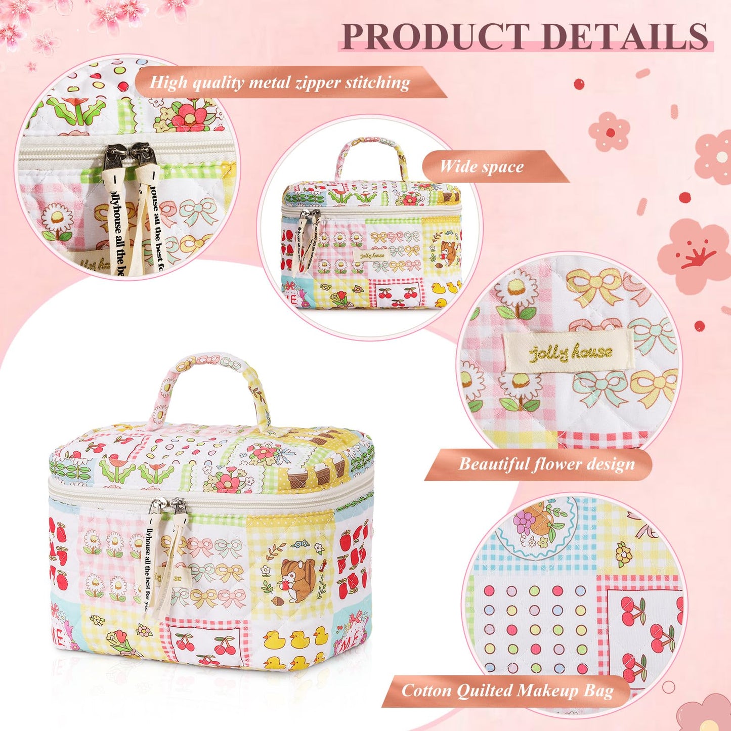 Spdmhyo 3 Pieces Cotton Makeup Bag Large Travel Cosmetic Bag Coquette Floral Cosmetic Pouch Toiletry Bag (Duck)