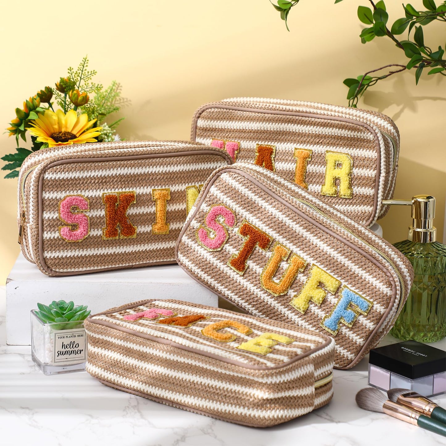 Remerry 4 Pcs Makeup Bag Travel Cosmetic Bag Organization Chenille Letter Toiletries Stuff Pouch Preppy Waterproof Bag Gift for Women Girl Teen(Multicolor, Nylon)