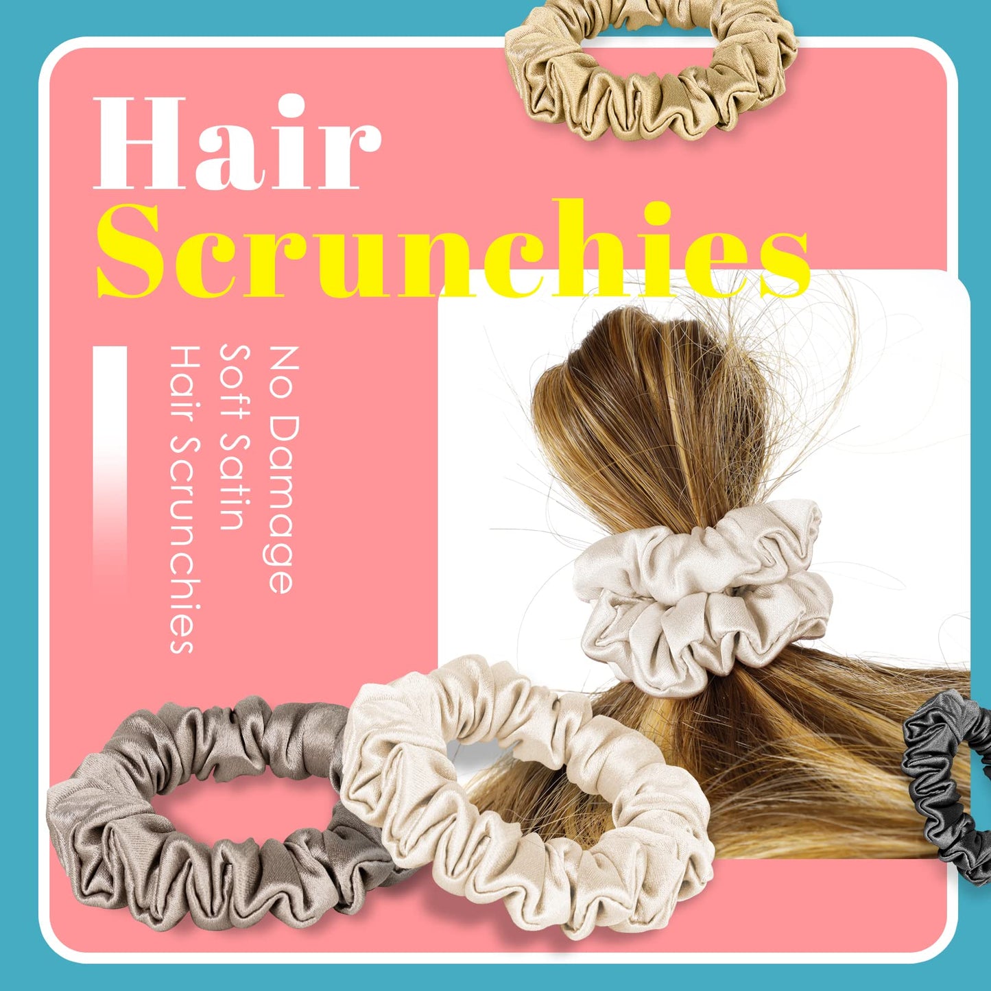 VOHALA 30 Momme Mulberry Small Silk Scrunchies, 5PCS Skinny Silk Scrunchies for Hair & 2PCS Strong Hair Ties Ponytail Holder, Total 7PCS No Damage Luxury Hair Ties for Women (Black+Camel+Gray+Champagne+Beige)