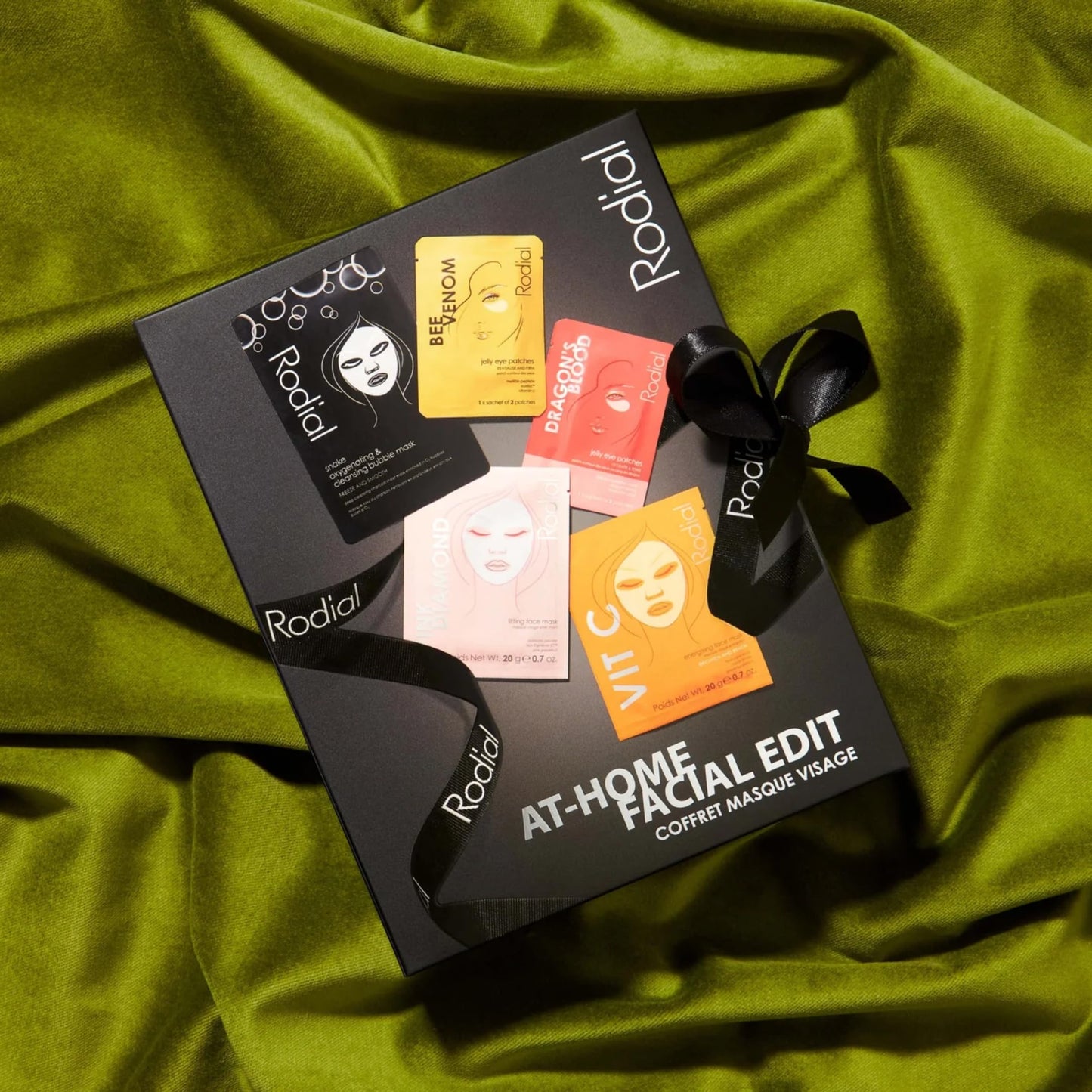 Rodial At Home Facial Edit, Set of 5 Masks: Snake Oxygenating Bubble Sheet Mask, Pink Diamond Instant Lifting Face Mask, Vit C Energising Sheet Mask,Dragon’s Blood and Bee Venom Jelly Eye Patches