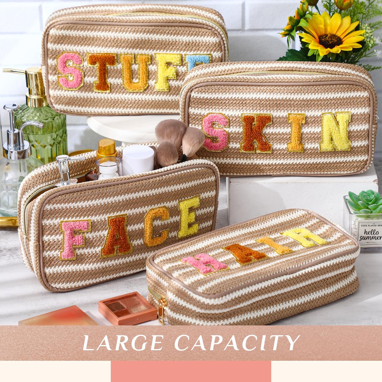 Remerry 4 Pcs Makeup Bag Travel Cosmetic Bag Organization Chenille Letter Toiletries Stuff Pouch Preppy Waterproof Bag Gift for Women Girl Teen(Multicolor, Nylon)