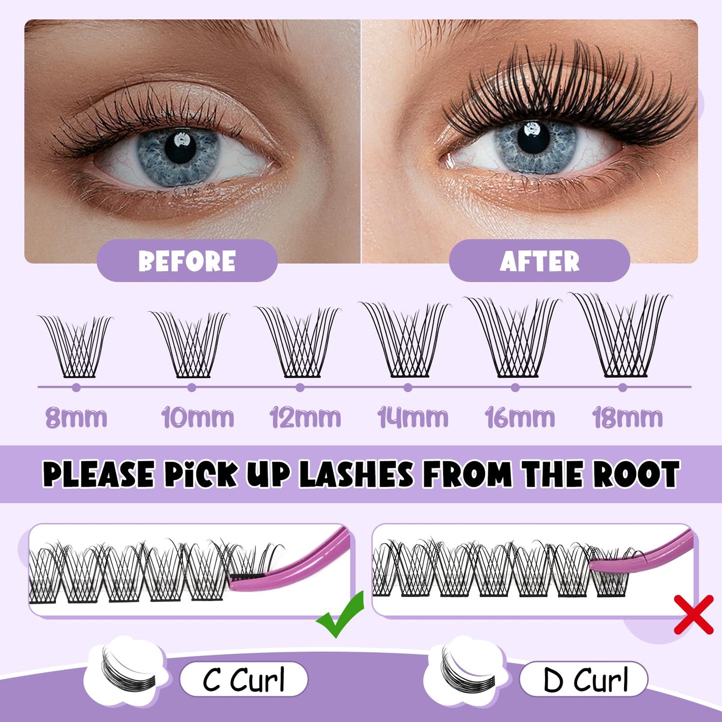 Lash Clusters Natural Flat Cluster Lashes 144 PCS B&Qaugen Eyelash Clusters Zero-Touch 10mm BM06 D Curl Cluster Eyelash Extensions Double Tips Soft Lightweight Reusable Individual Lashes(BM06-D-10mm)