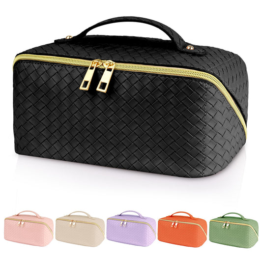 Shellnee Travel Cosmetic Bag, Makeup Travel Bag, Waterproof Portable Pouch PU Leather Toiletry Bag for Women, Large Capacity Cosmetic Bags Make up Organizer with Dividers and Handle