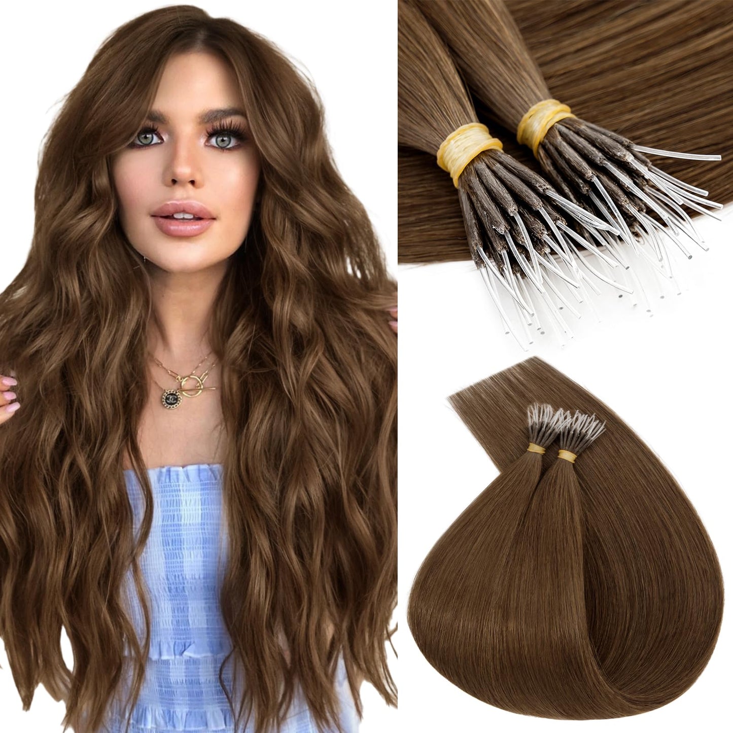 Hairro I Tip Hair Extensions Human Hair Transparent I Tips Real Hair Extensions Pre Bonded Cold Fusion Keratin Stick Tipped Hair Itips Hairpieces For Women 18 inch 50g 50S #04 Medium Brown