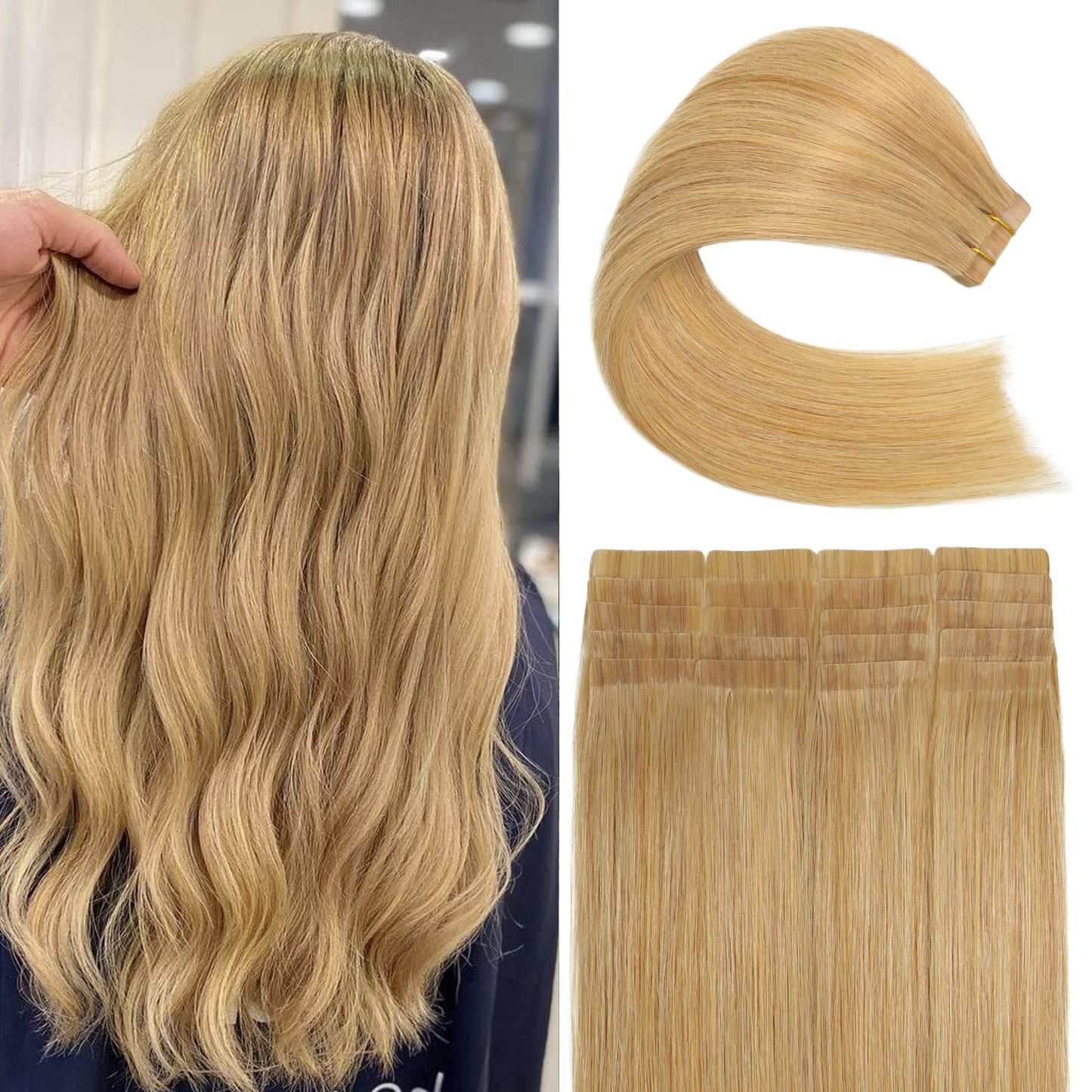 Honey Blonde Tape in Hair Extensions Remy Human Hair Strawberry Blonde 22Inch 20Pcs 60G Thick from Top to End, Silky and No Tangle Staight Tape ins for Fashion Women (22Inch #27 60g)