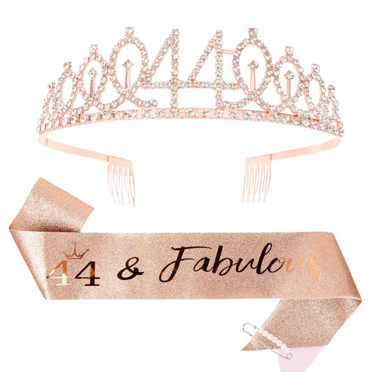 CIEHER 44th Birthday Crown + 44th Birthday Sash + Pearl Pin Set, 44 & Fabulous Birthday Sash, 44 Birthday Tiara, 44th Birthday Decorations for Women, 44th Birthday Gifts