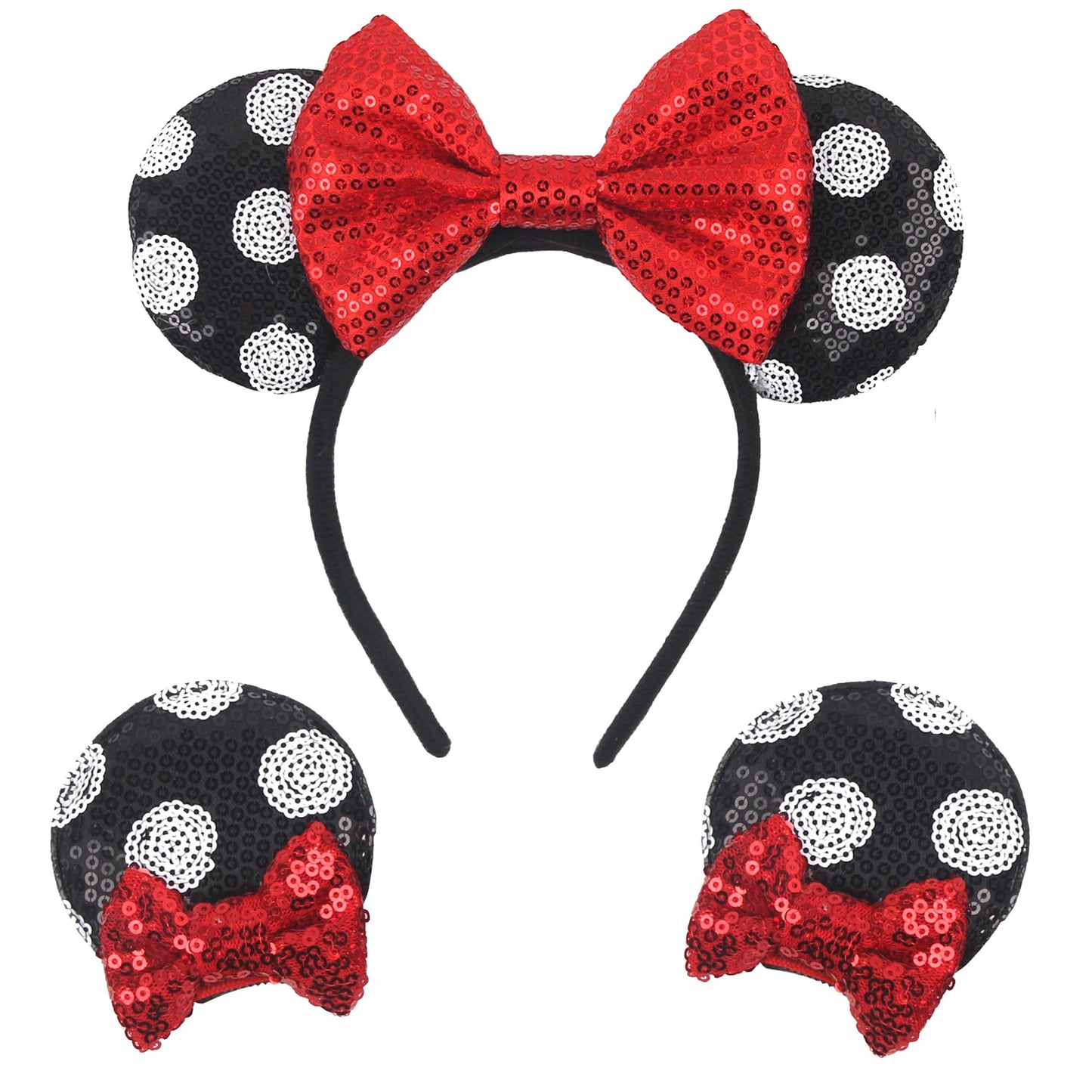 zhezesmila Shiny Mouse Ears Headband and Hair Clips, Glitter Party Princess Decoration with Red Bow Hair Accessories for Girls Women Adult Kids Birthday Party(black&white&red)