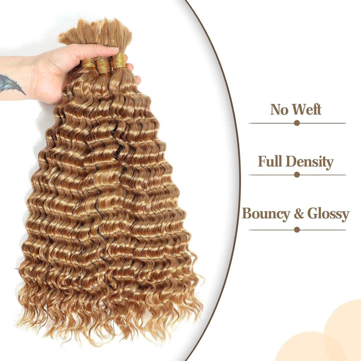 Luxvogue Curly Braiding Human Hair 100g 22 Inch Color 27 Honey Blonde Deep Water Wave Bulk Human Hair for Braiding No Weft Brazilian Virgin Deep Curly Human Hair Extensions for Boho Braids