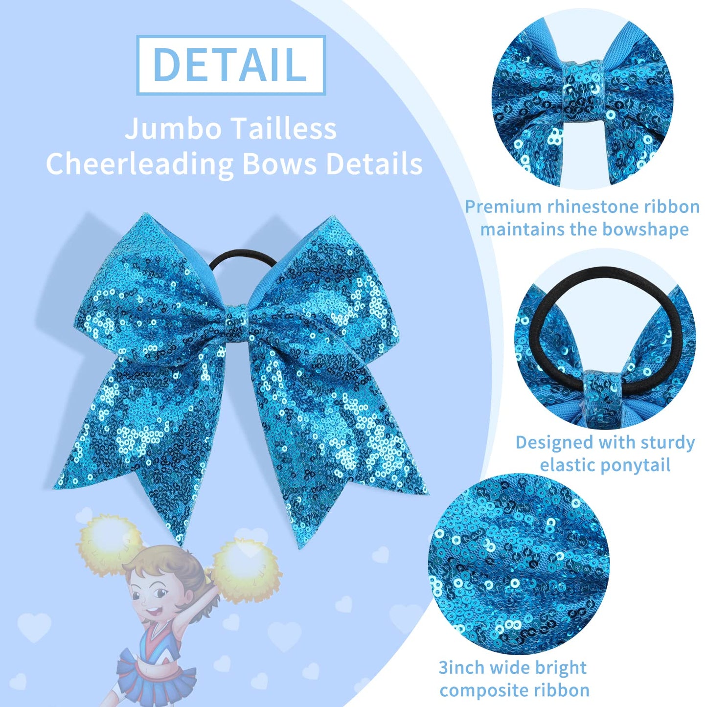 Oaoleer 12PCS 7" Large Glitter Cheer Hair Bows Ponytail Holder Elastic Band Handmade for Cheerleading Teen Girls College Sports (Sequin Lake Blue 12PCS)