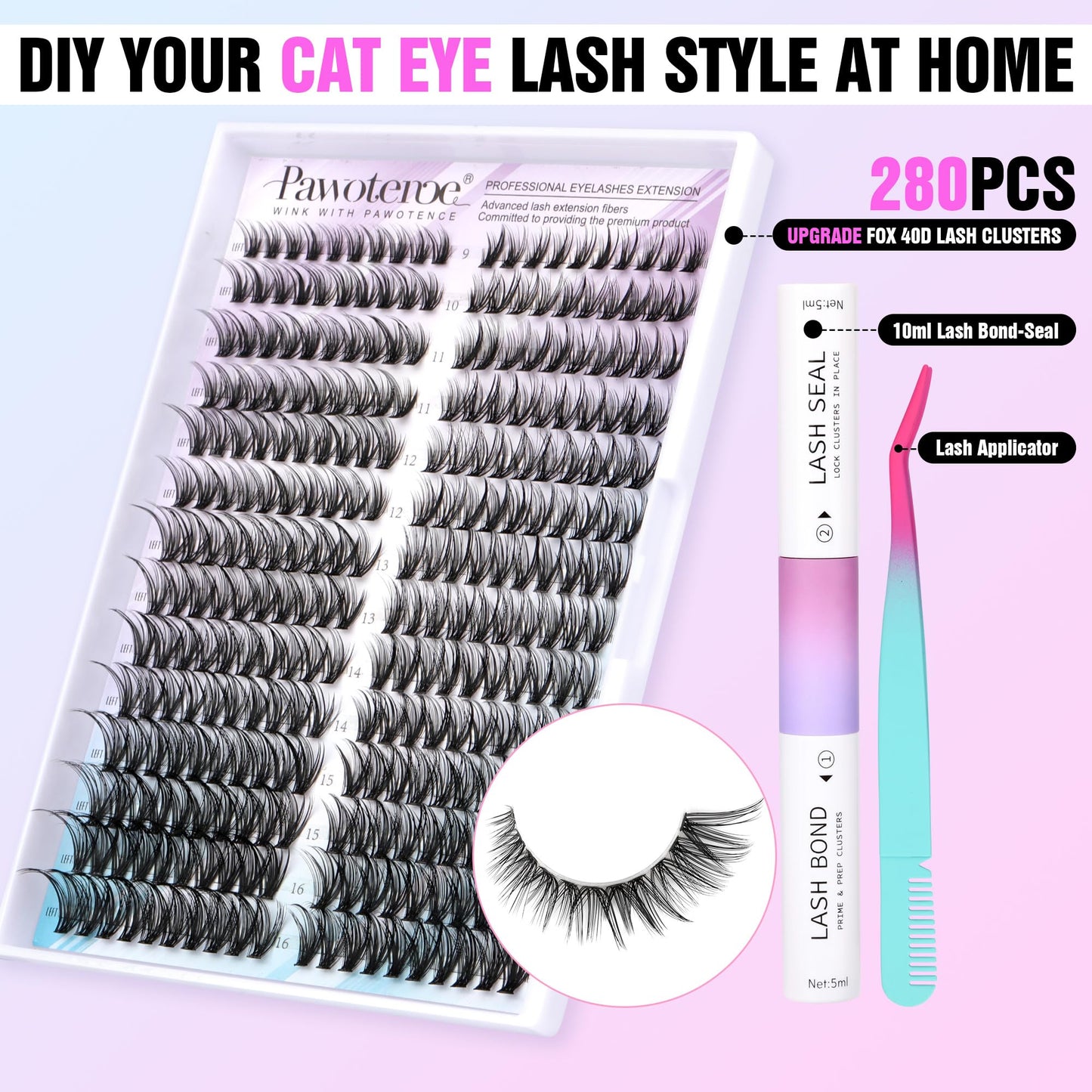 Pawotence Lash Extension Kit DIY 280pcs Cat Eye Lash Clusters Kit 40D Curl Eyelash Extension Kit Individual Lashes with Lash Bond and Seal and Lash Tweezers for Self Application (FOX-40D-9-16MIX KIT)