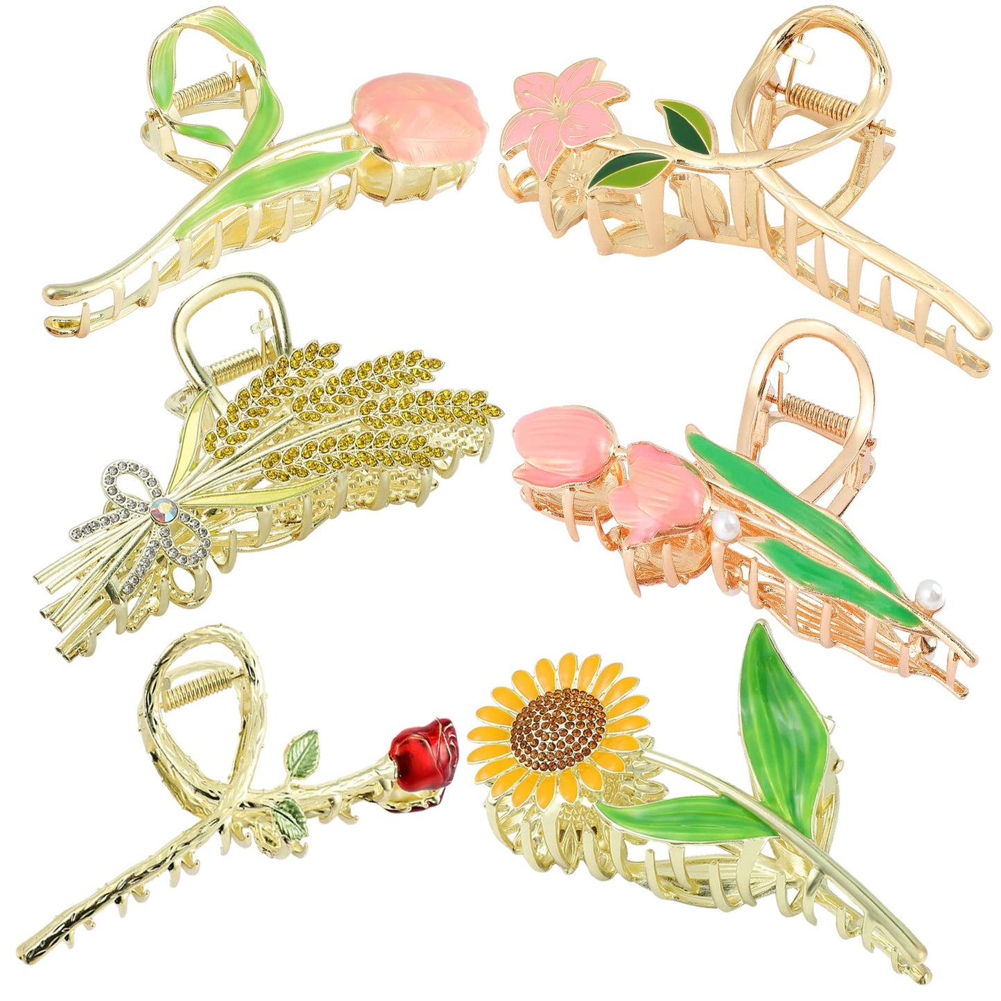 6PCS Flower Metal Hair Claw Clips Large Tulip Rose Mermaid Tail Hair Claw Non-Slip Barrettes Hair Strong Hold Hair Clamps Hair Accessories (Set-3)