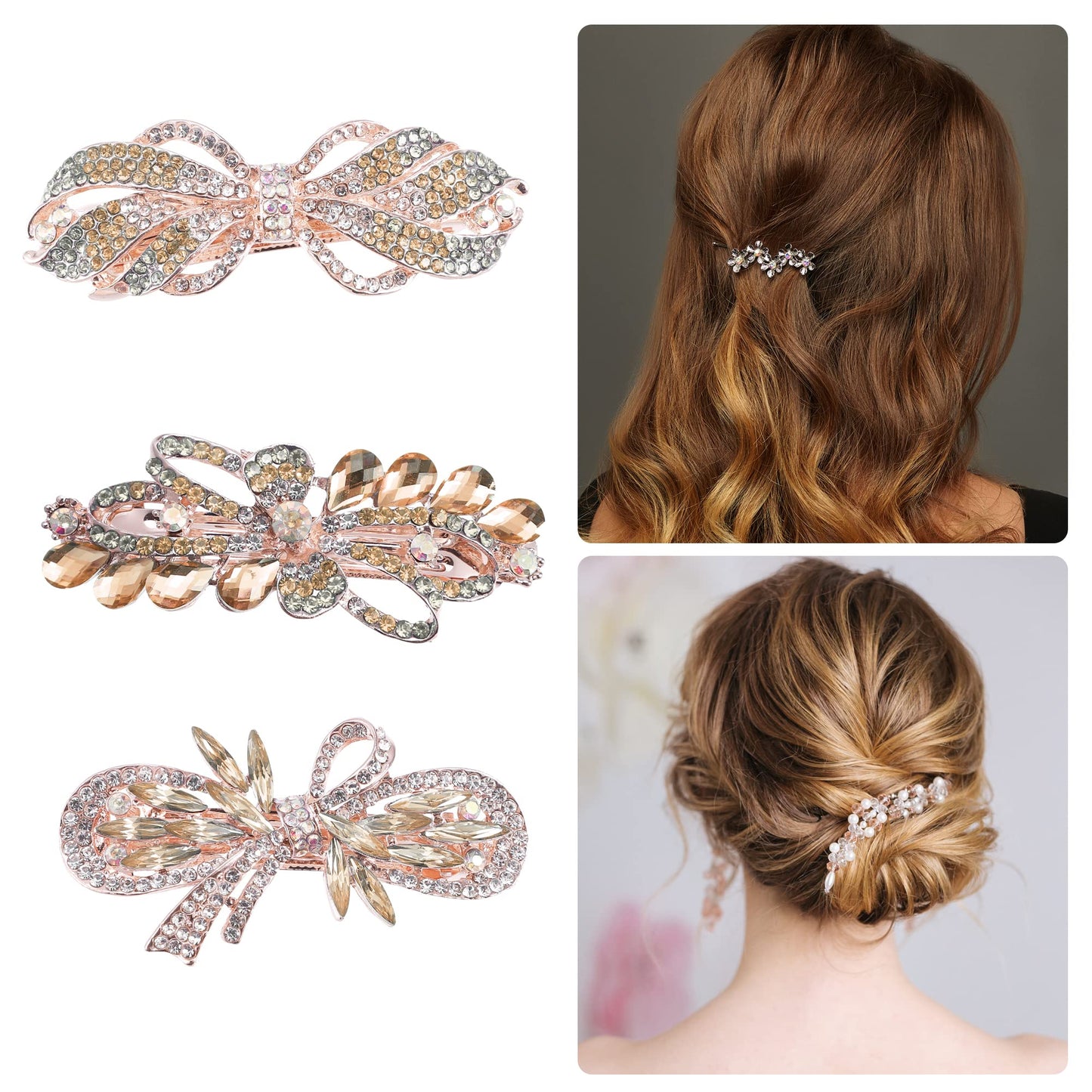 VOCOSTE 3 Pcs Hair Barrettes, Hair Accessories for Women, Hair Clips, Sparkly Glitter, Rhinestones Hairpin, Champagne