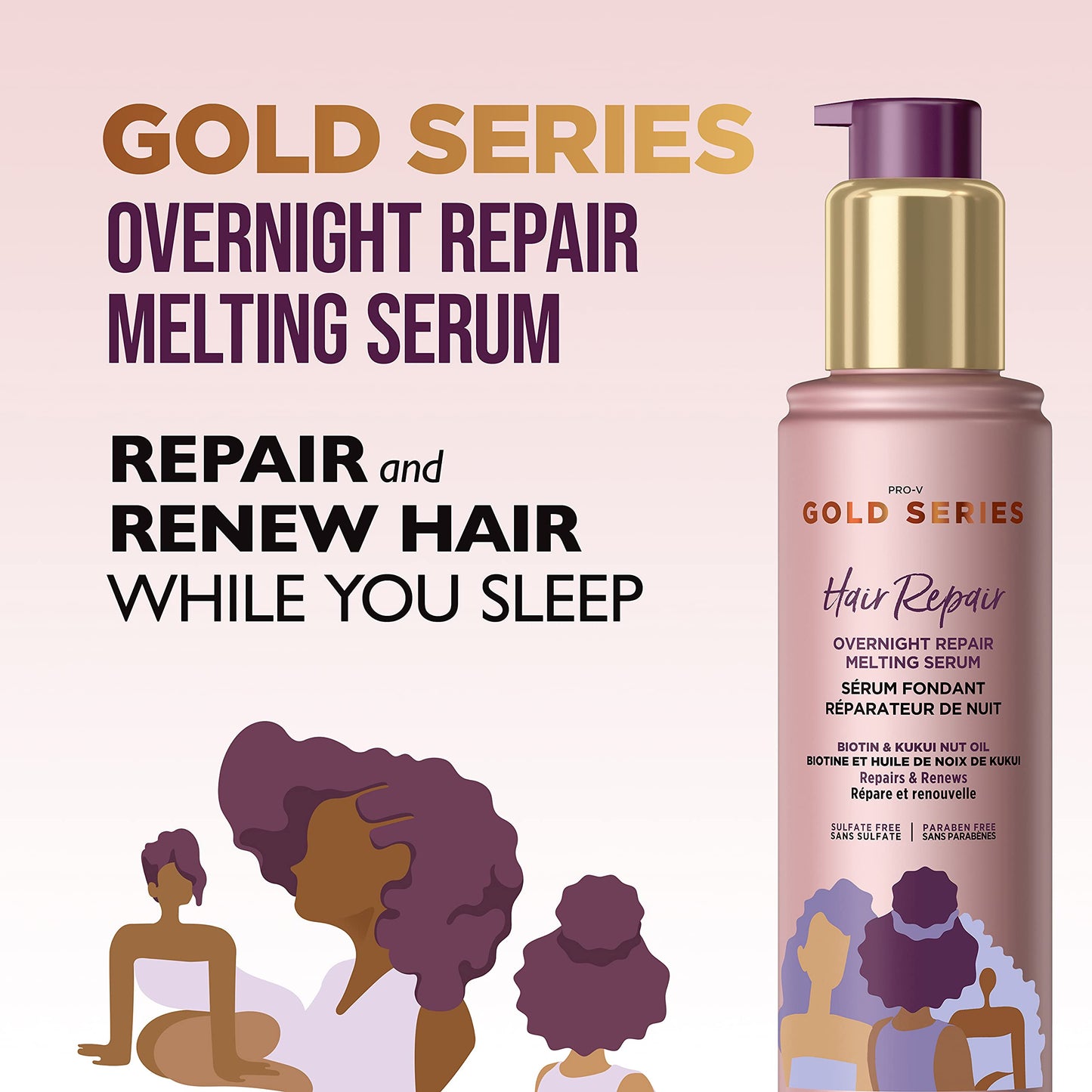 Pantene Hair Serum Gold Series Overnight Repair with Biotin and Kukui Nut Oil, Natural Products, Sulfate Free, 3.2 Fl Oz